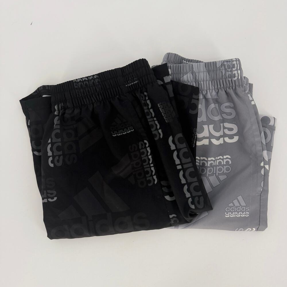 2 Boys Adidas All Over Print Shorts 14/16‎ Black/Gray 8" Inseam Drawstring